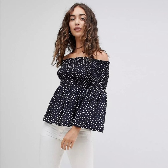 QED London Polka Dot Off Shoulder Top - Picture 1 of 9